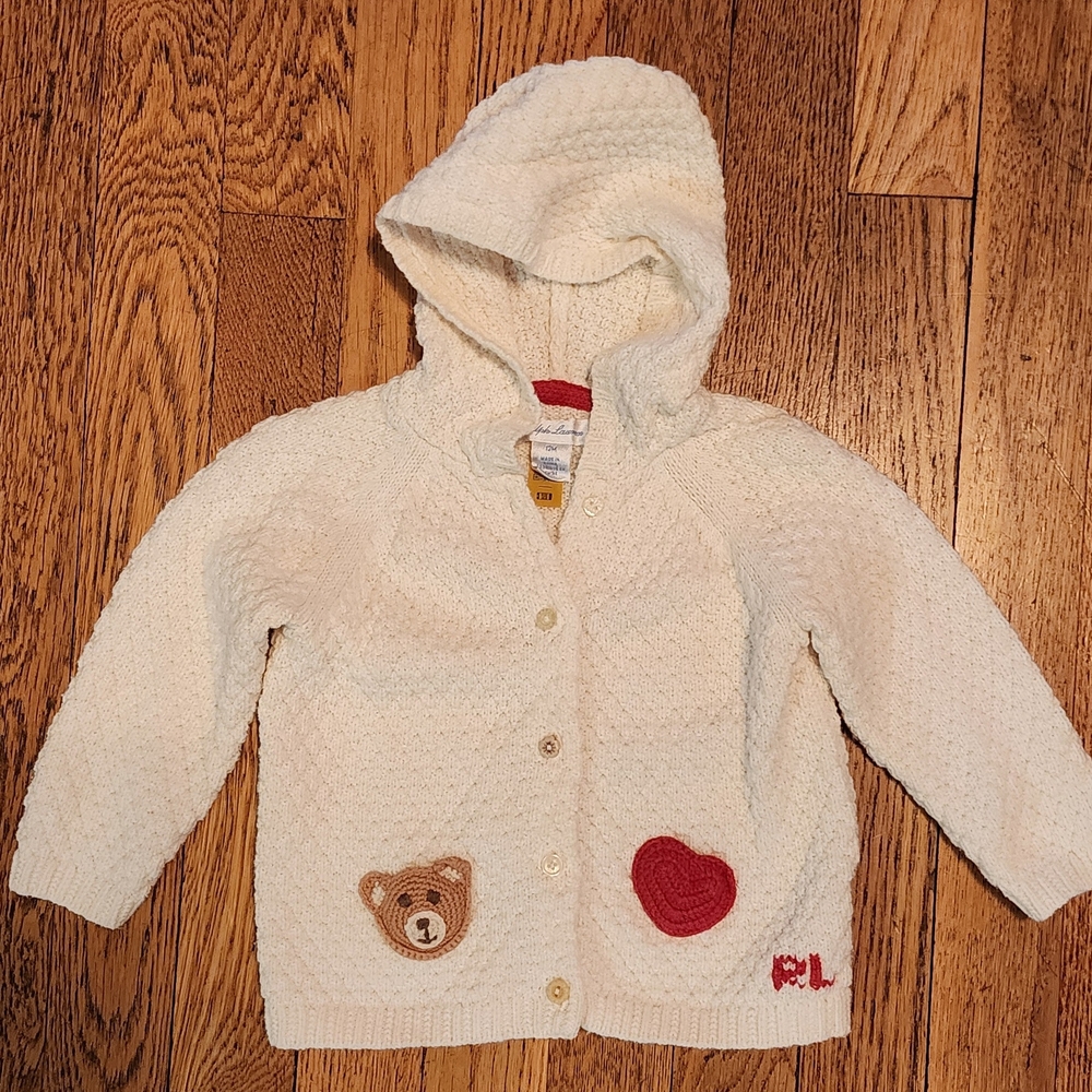 White Hooded Cardigan with Bear and Heart Patches